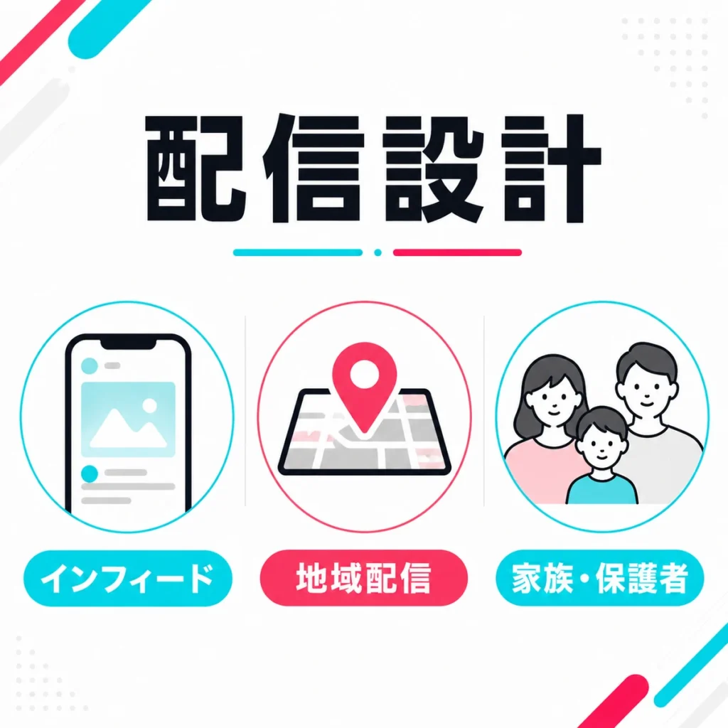 眼科TikTok広告の配信設計としてインフィード・地域配信・家族や保護者への接触を示すイラスト