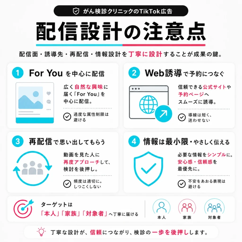 For You配信・Web誘導・再配信・情報設計の注意点をまとめたイラスト
