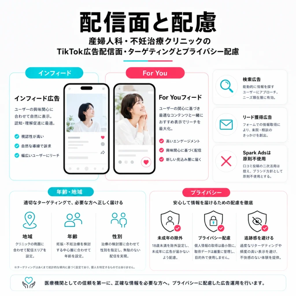 TikTok広告の配信面やターゲティングとプライバシー配慮を整理したイラスト