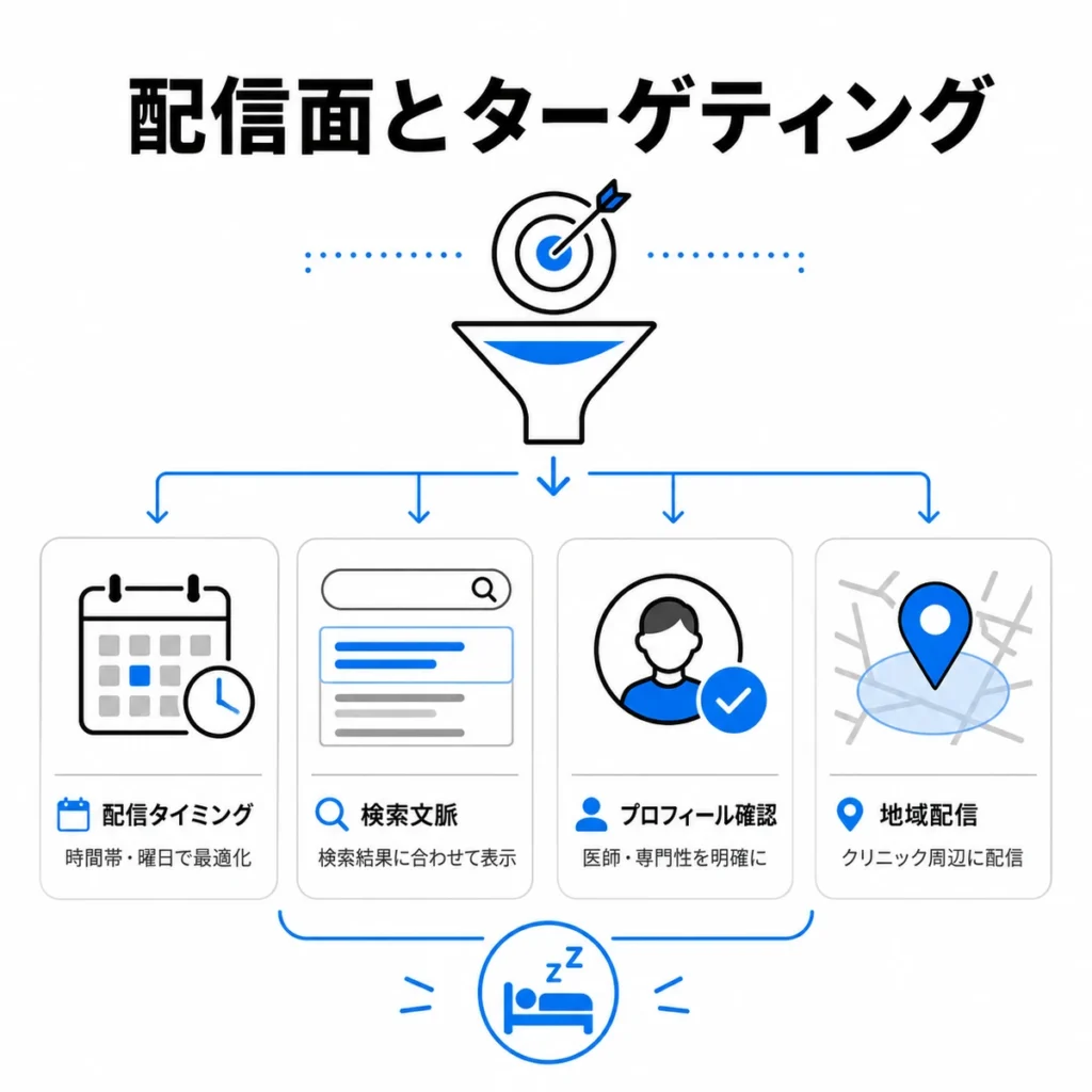 配信タイミングや検索文脈、プロフィール確認、地域配信を整理したターゲティング設計のイラスト