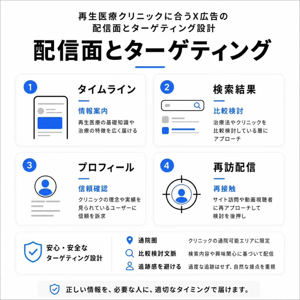 再生医療クリニックに合うX広告の配信面とターゲティング設計を整理したイラスト
