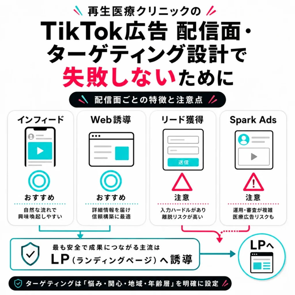再生医療クリニックのTikTok広告における配信面とターゲティング設計の注意点を示すイラスト