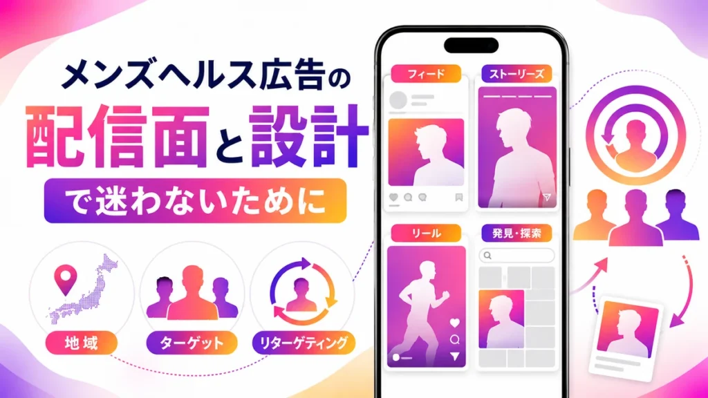 メンズヘルス広告の配信面とオーディエンス設計を示す図解
