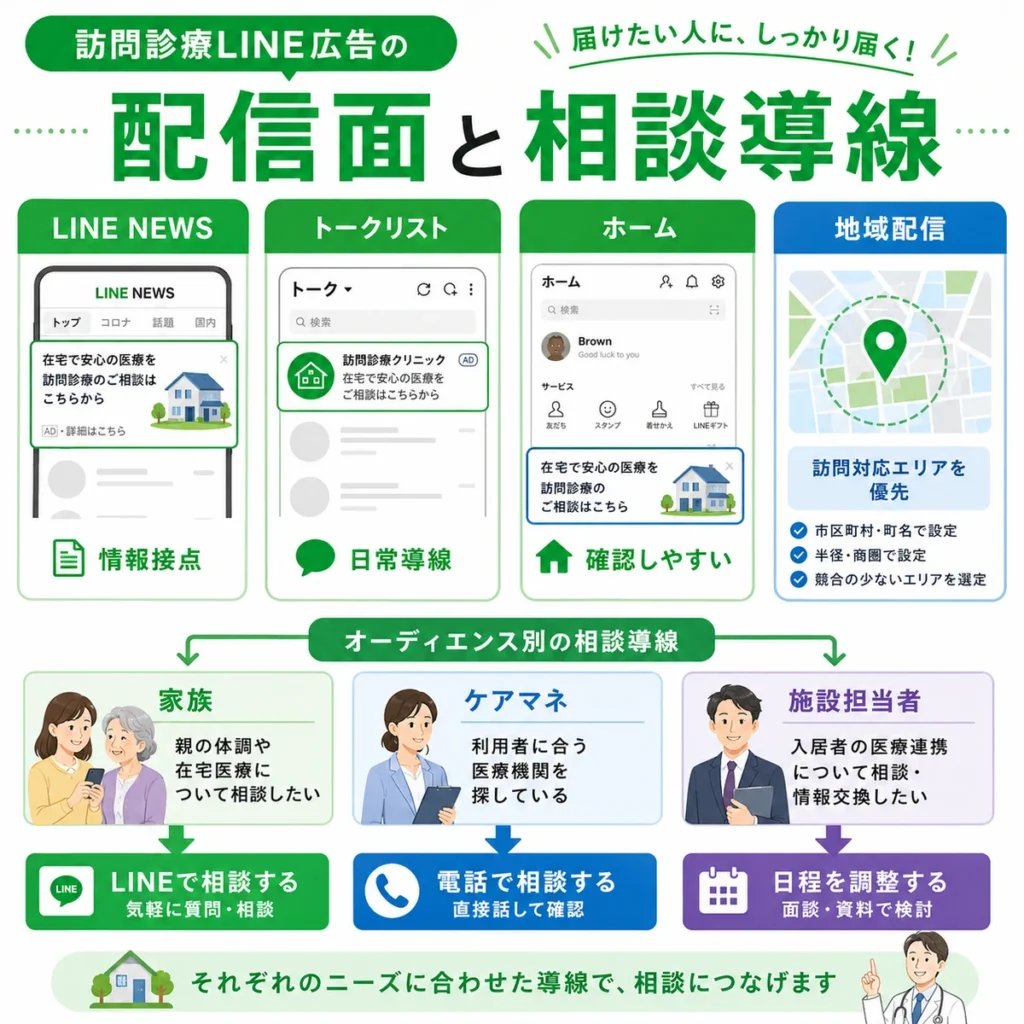 訪問診療LINE広告の配信面と地域配信、相手別の相談導線を整理したイラスト
