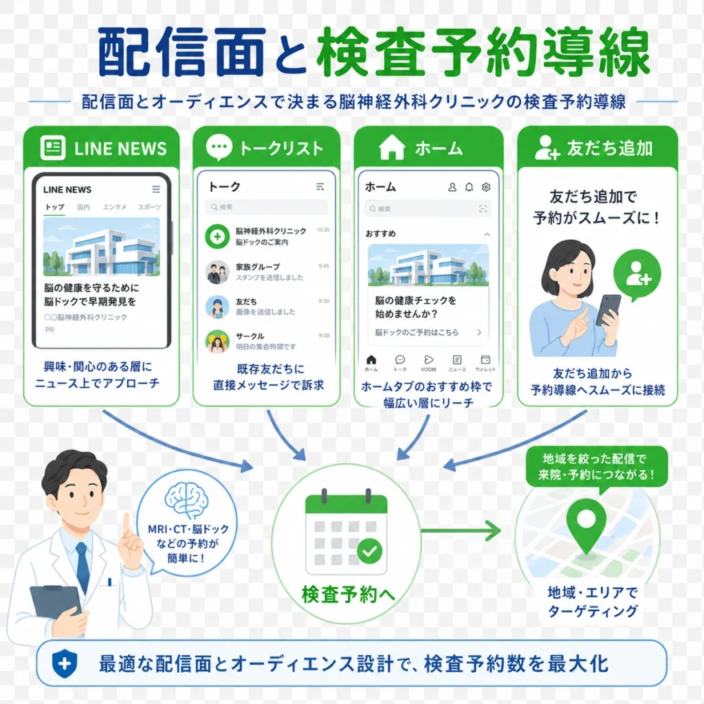 LINE NEWSやトークリストなどの配信面から検査予約導線へつなげる設計を示すイラスト