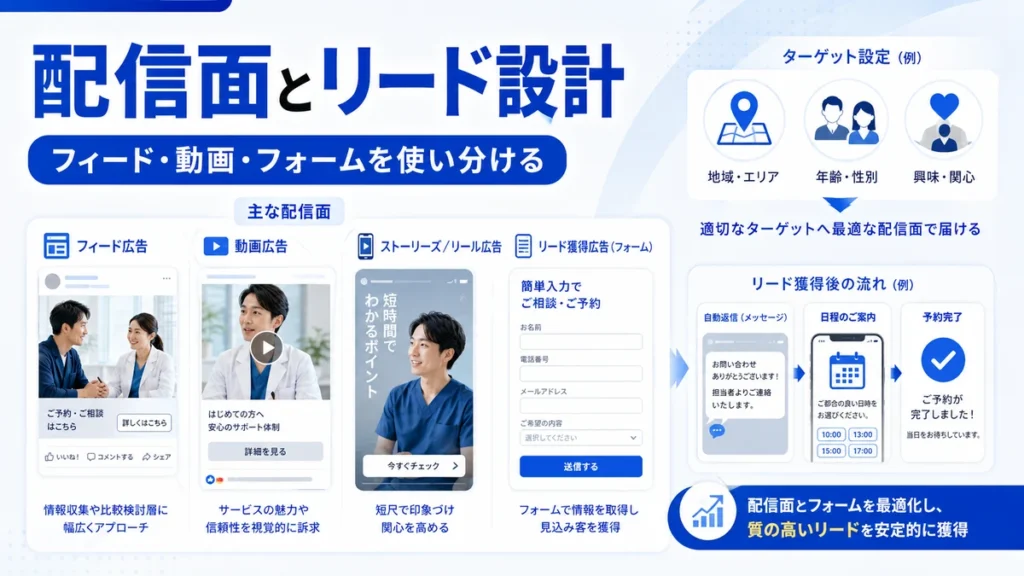 フィード広告や動画広告、リードフォームを使い分ける配信面とリード設計のイラスト