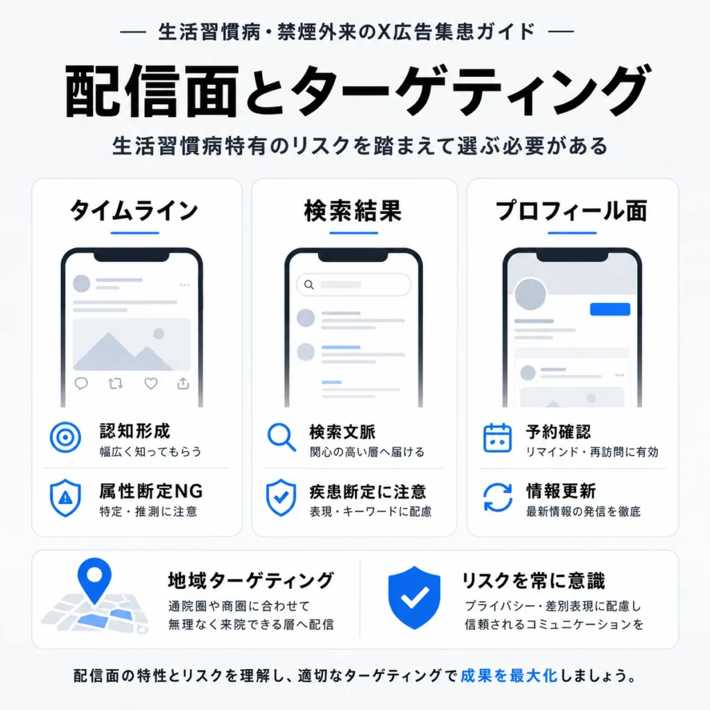 X広告の配信面とターゲティングを生活習慣病特有のリスクに配慮して選ぶポイントを示すイラスト