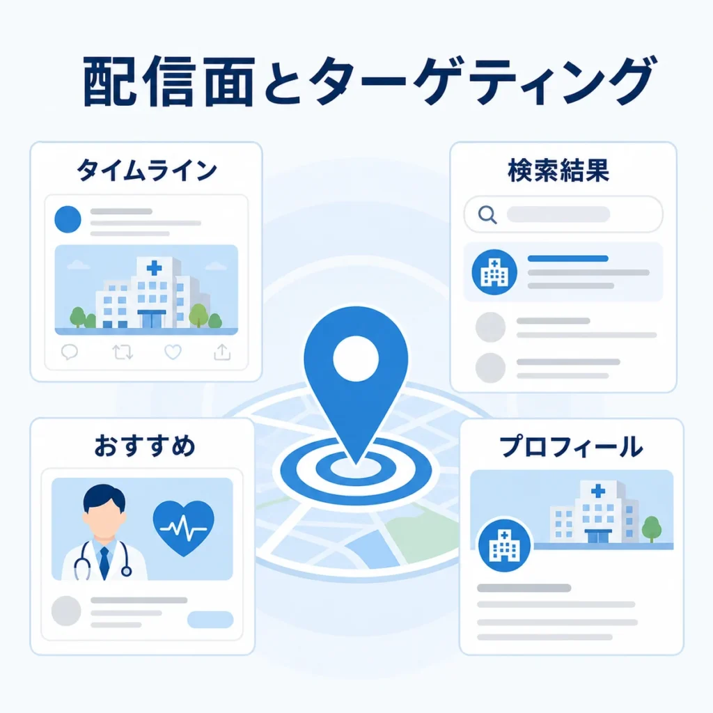 総合病院のX広告で配信面とターゲティングを使い分ける考え方を示すイラスト