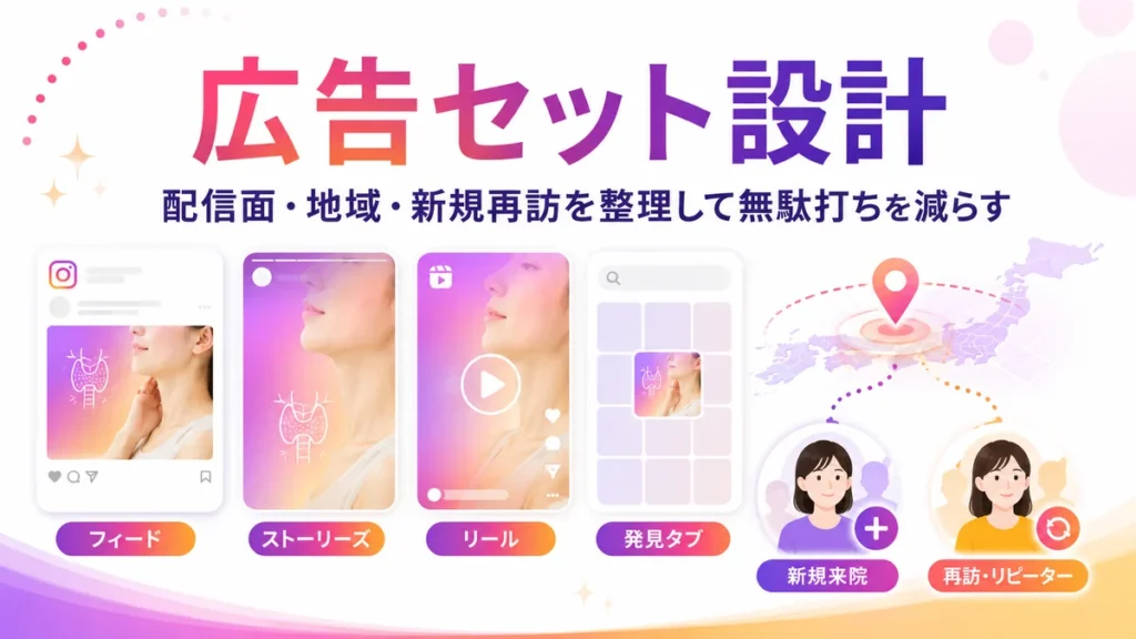 配信面や地域、新規再訪を整理する広告セット設計のイラスト