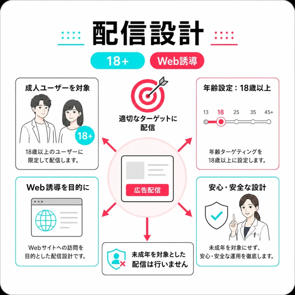美容皮膚科のTikTok広告で成人向け配信とWeb誘導を安全に設計するイラスト