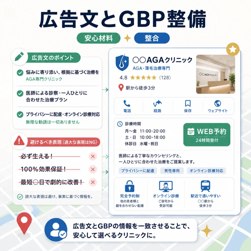 AGAクリニックの広告文とGoogleビジネスプロフィール情報を整合させて安心材料を伝えるイラスト