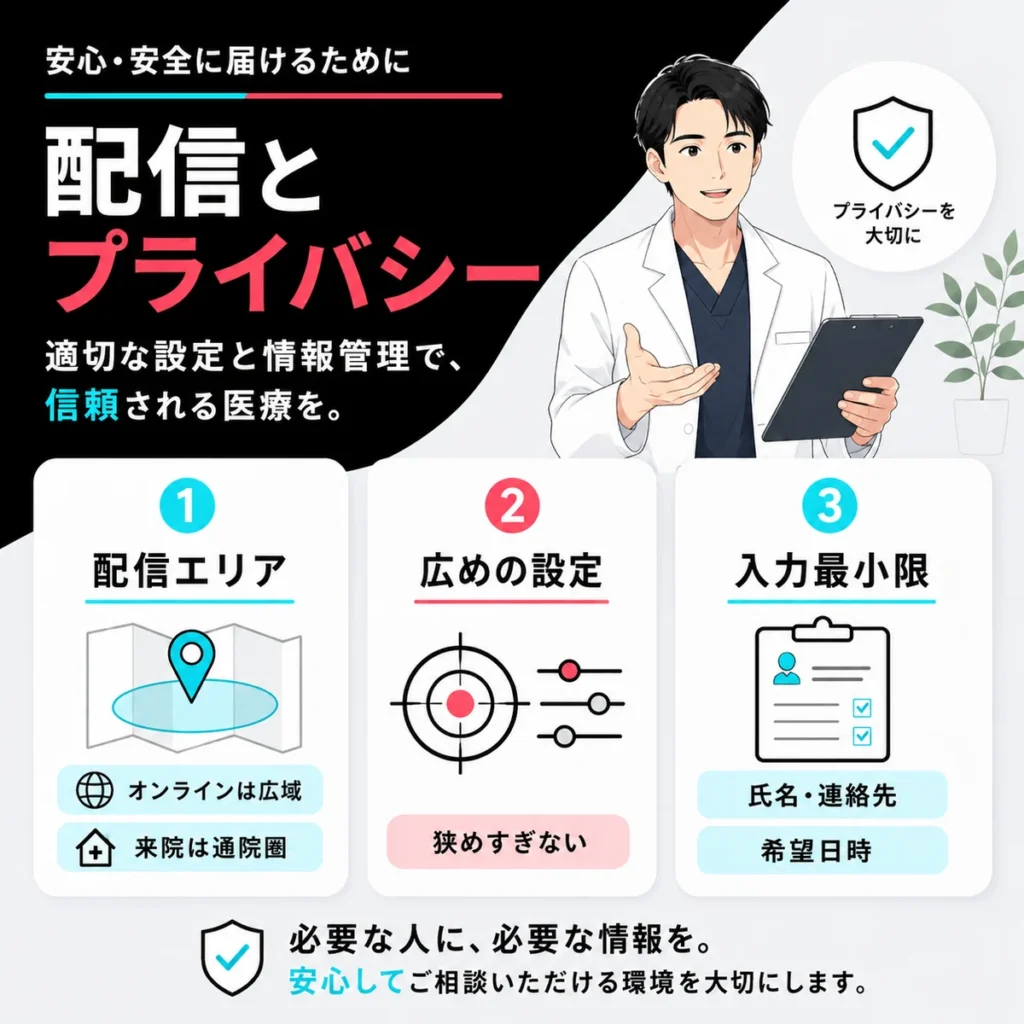 AGA広告の配信エリアやターゲティング、入力項目をプライバシーに配慮して設計するイラスト