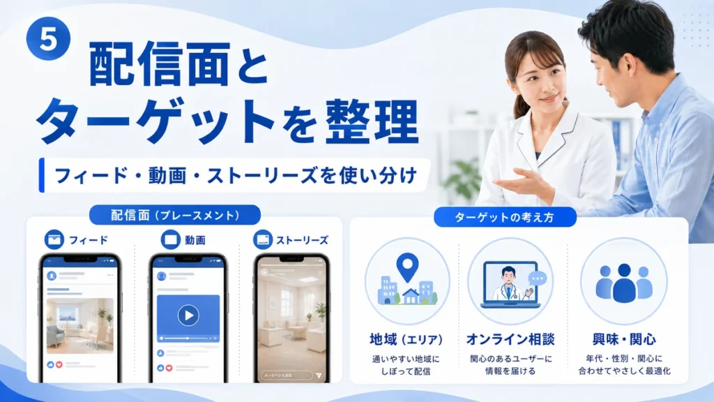 Facebook広告の配信面とターゲット設計を整理しフィードや動画を使い分ける様子を示すイラスト