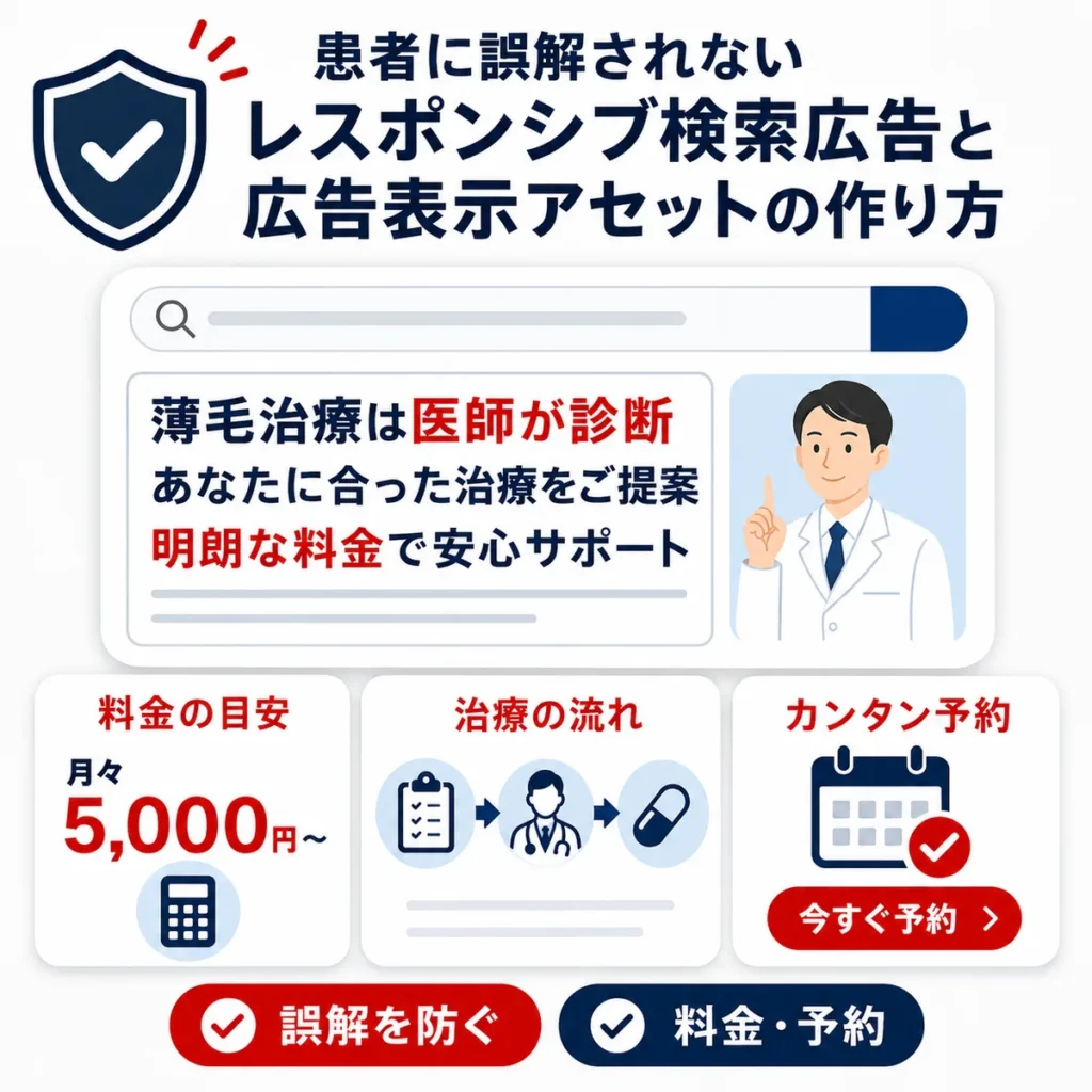 患者に誤解されないレスポンシブ検索広告と広告表示アセットの作り方を示すイラスト