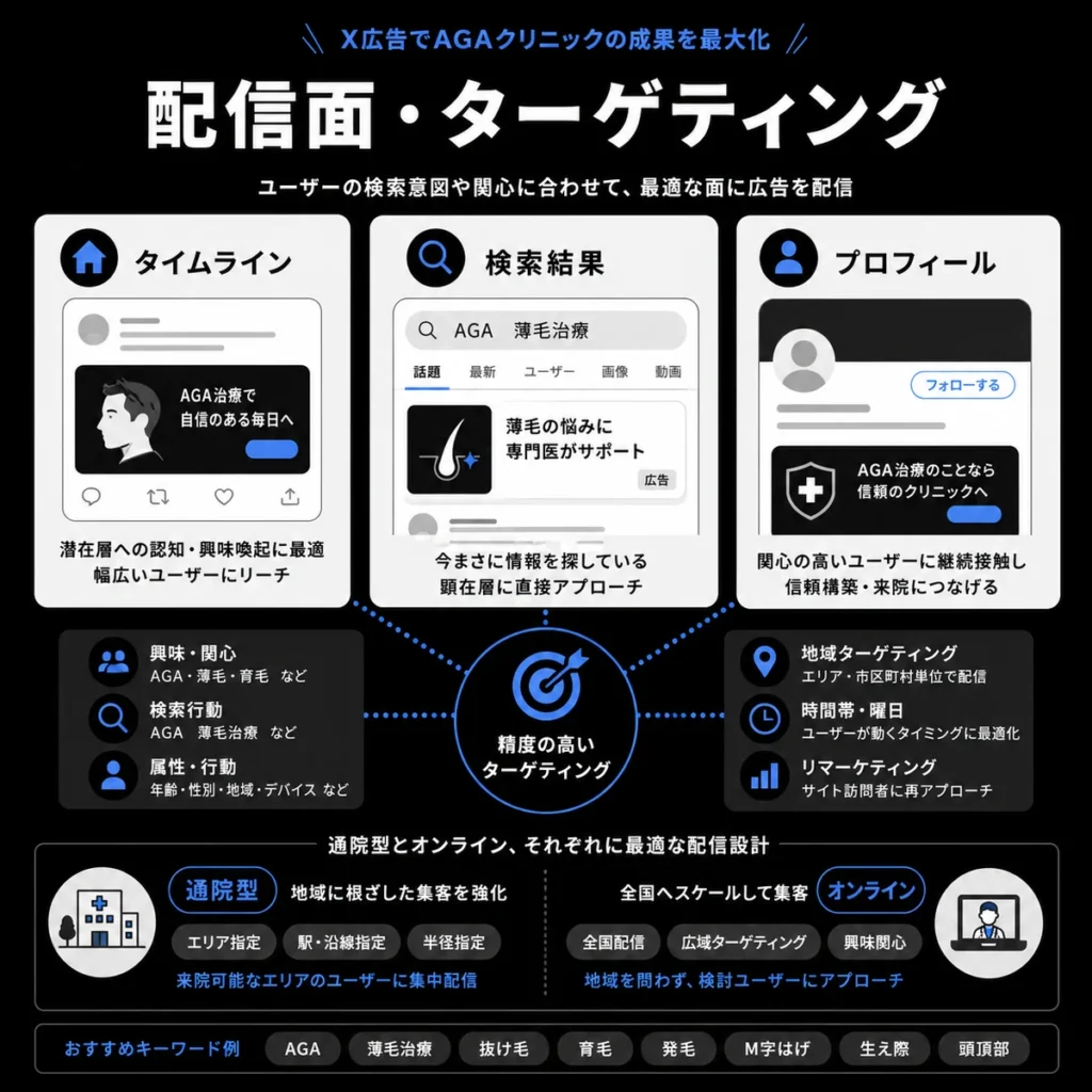 AGAクリニックのX広告における配信面とターゲティング設計を示すイラスト