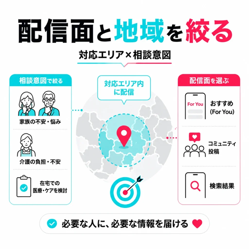 対応エリアと相談意図に合わせてTikTok広告の配信面と地域を絞る方法を示すイラスト