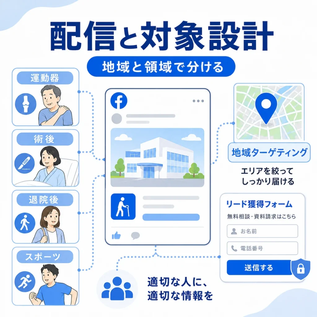 リハビリ広告の配信面や対象設計を地域ターゲティングと領域別広告セットで示すイラスト