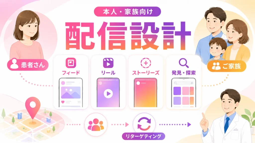 本人と家族向けの配信面や広告セット設計を表すイラスト
