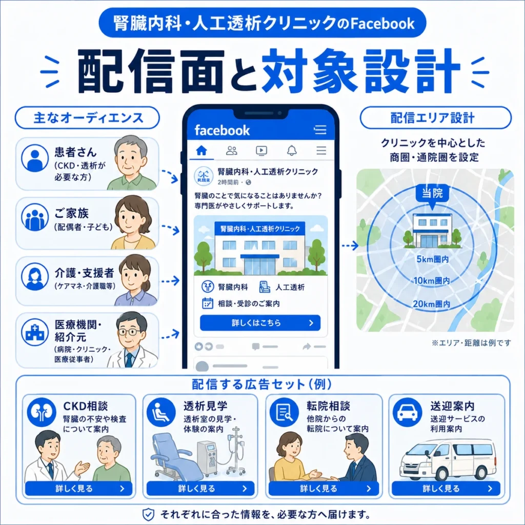 腎臓内科・人工透析クリニックのFacebook広告における配信面とオーディエンス設計を示すイラスト