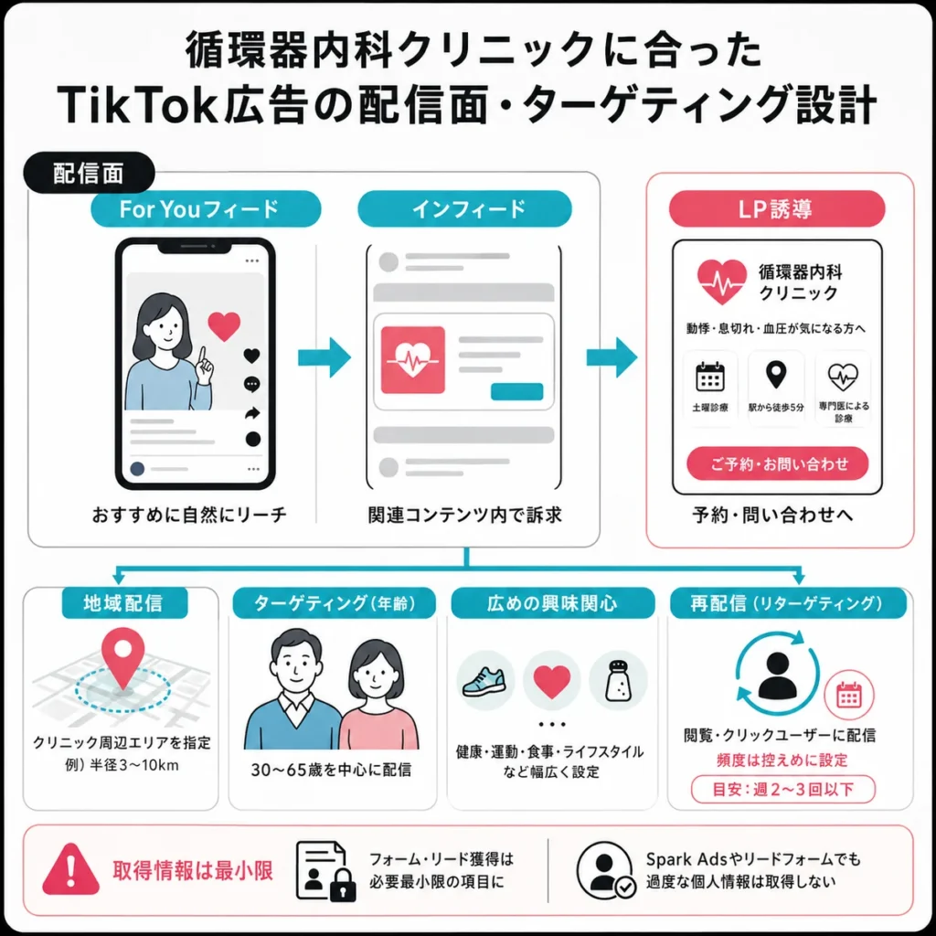 循環器内科クリニックに合ったTikTok広告の配信面とターゲティング設計を説明するイラスト