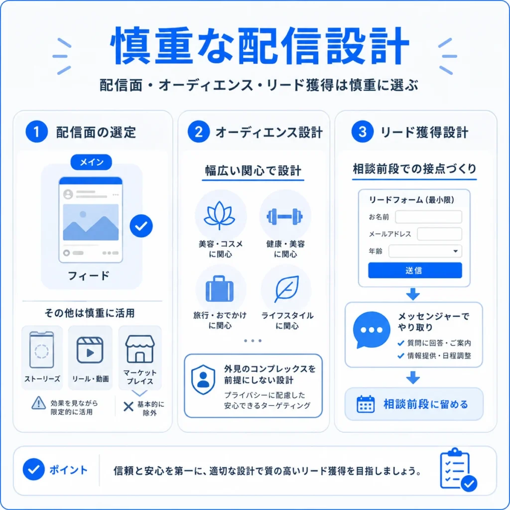 配信面、オーディエンス、リード獲得を慎重に設計するポイントを示すイラスト