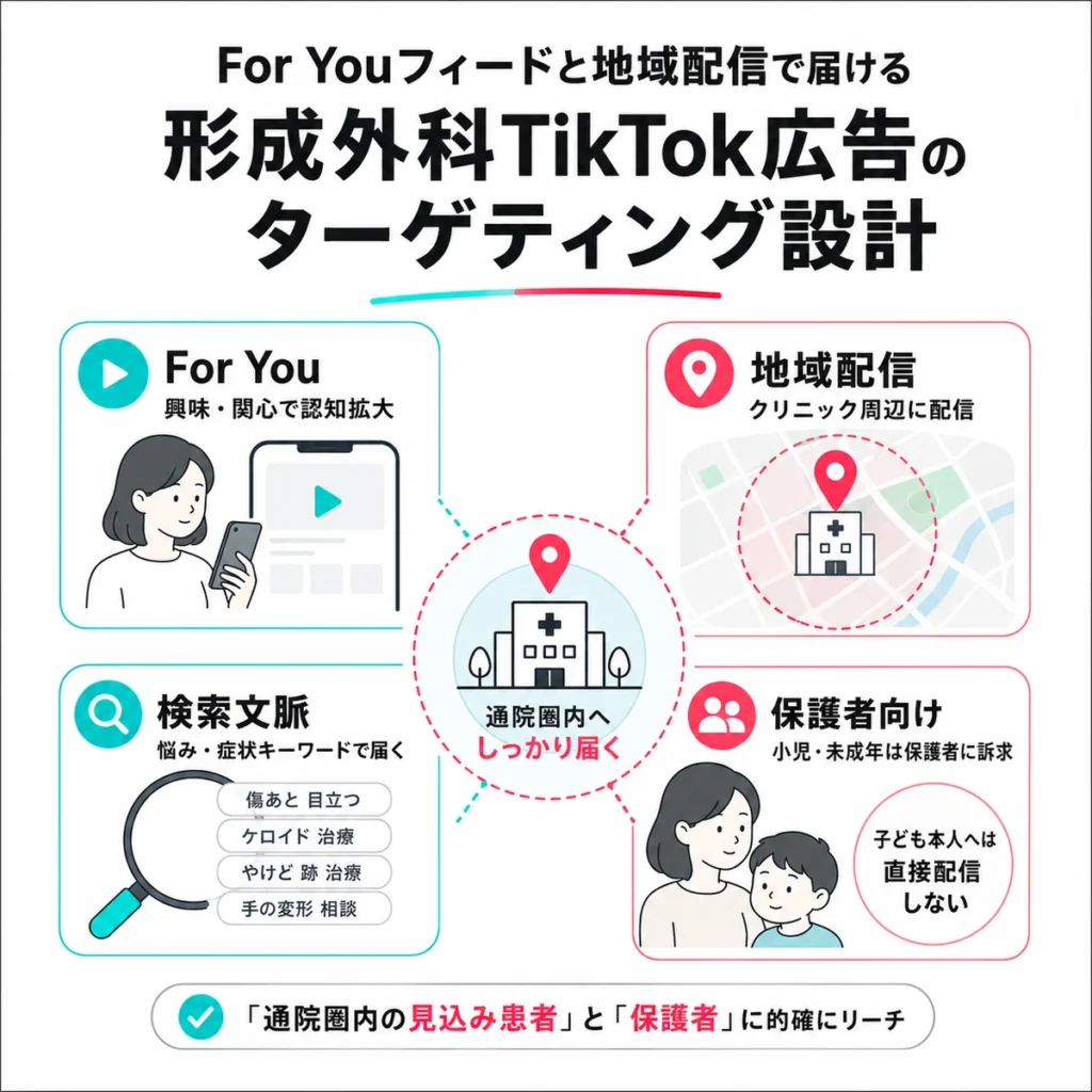 For Youフィードや地域配信を使った形成外科TikTok広告のターゲティング設計を示すイラスト