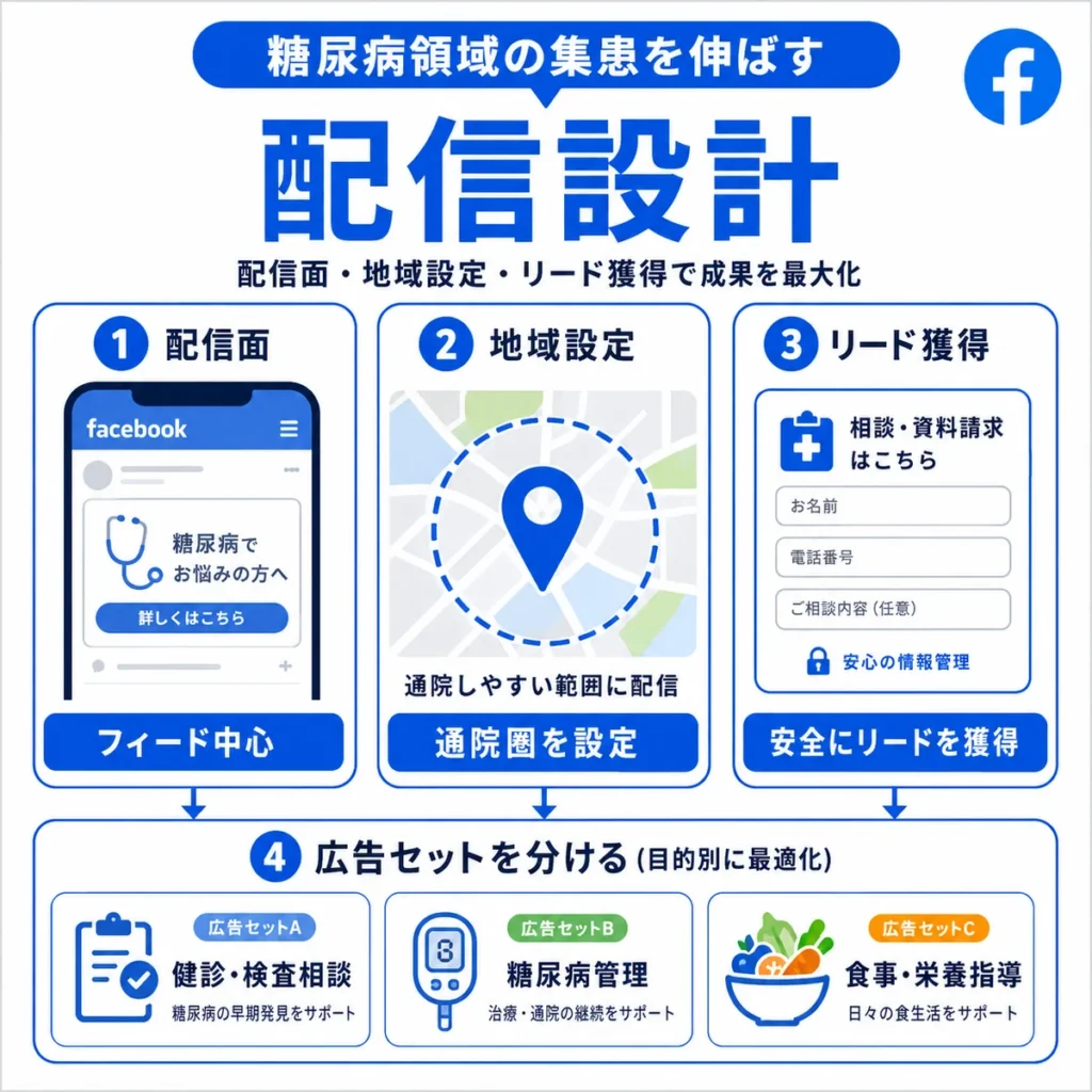 配信面、地域設定、リード獲得を整理した糖尿病領域のFacebook広告設計を示すイラスト
