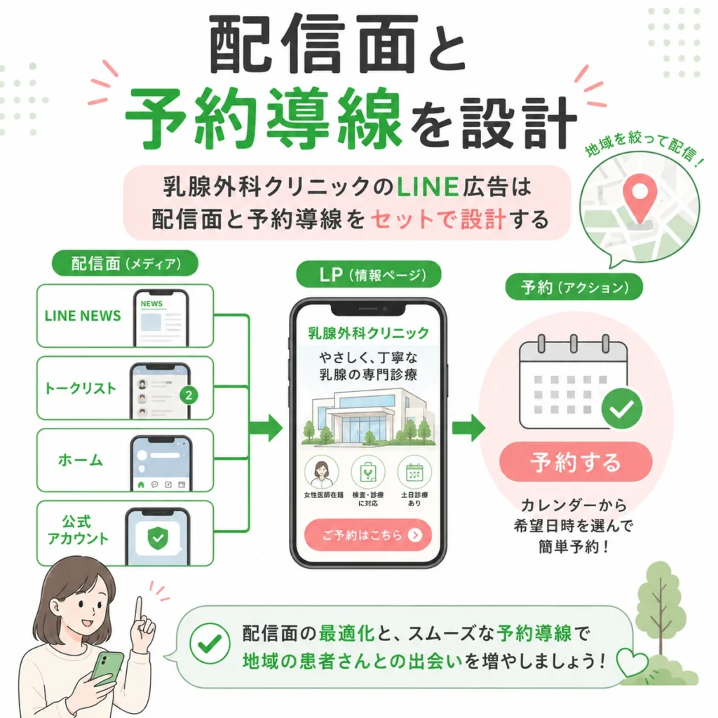 LINE NEWSやトークリストなどの配信面からLPと予約導線へつなげる設計を示すイラスト
