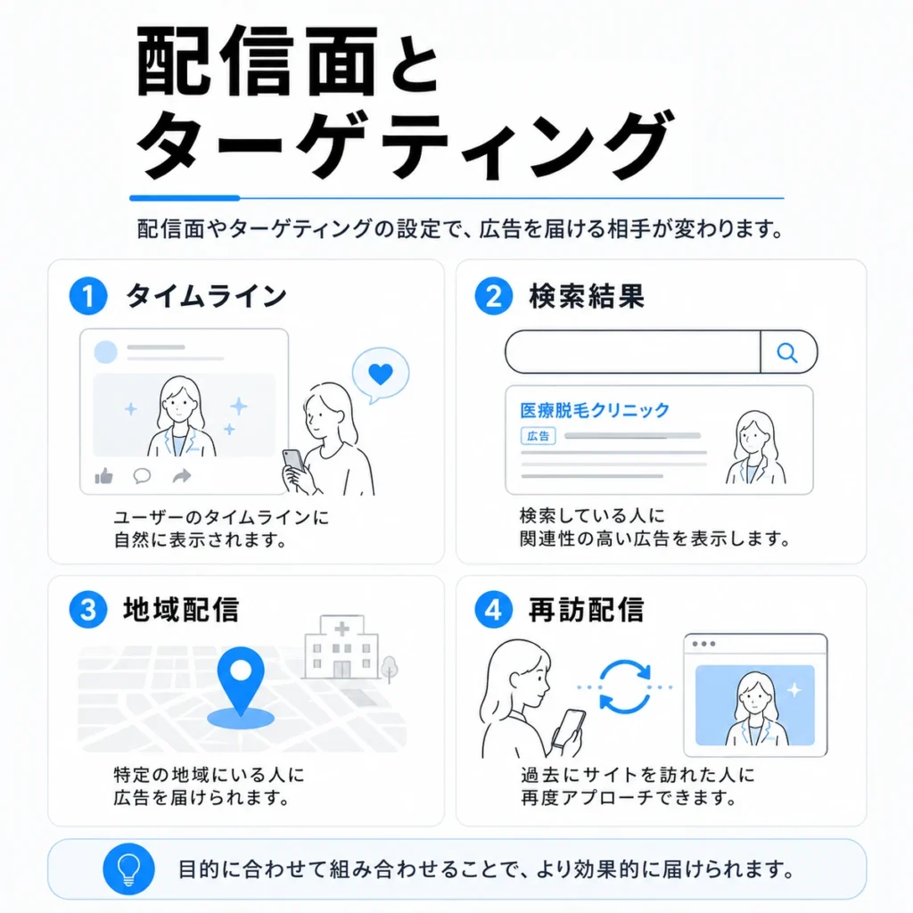 医療脱毛X広告の配信面とターゲティングの使い分けを説明するイラスト