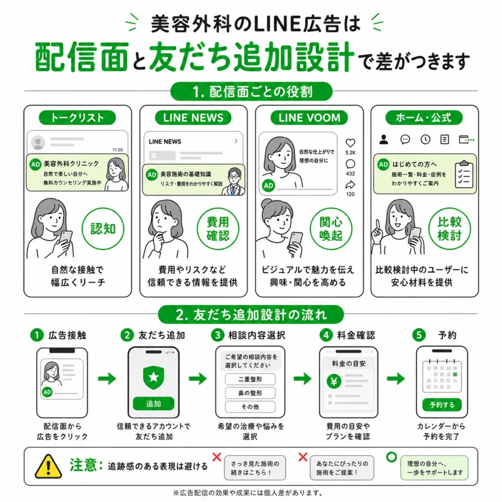 LINE広告の配信面ごとの役割と友だち追加から予約までの導線を示すイラスト