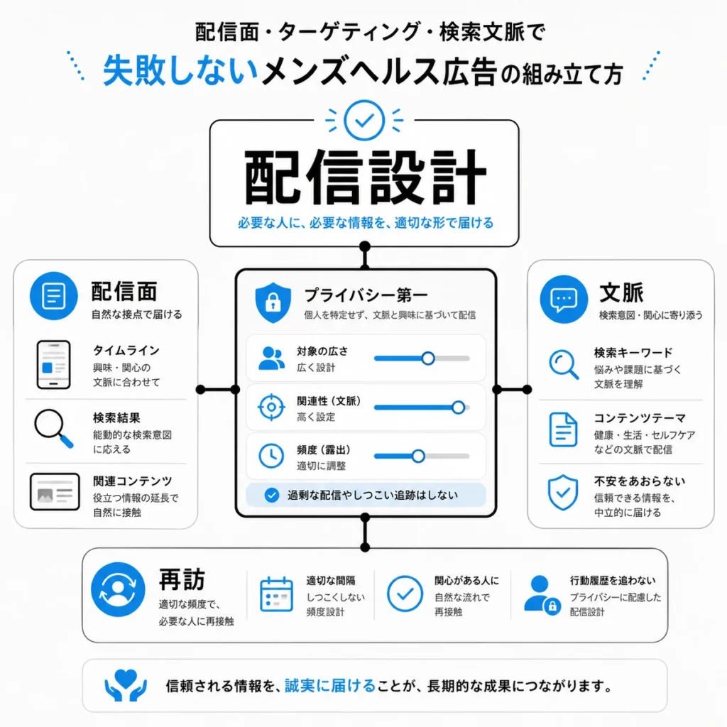 配信面・ターゲティング・検索文脈を整理してメンズヘルス広告を設計する方法を示すイラスト