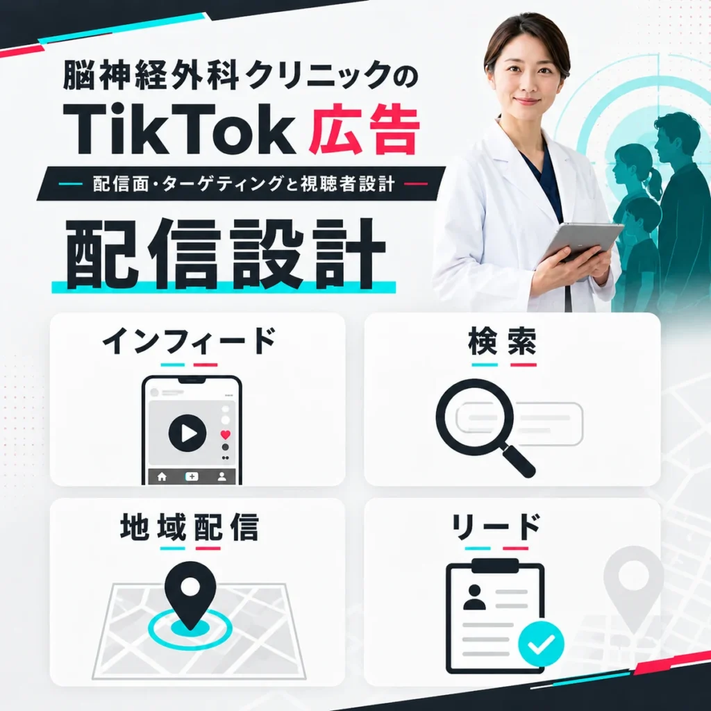 脳神経外科クリニックのTikTok広告におけるインフィード・検索・地域配信・リード獲得の設計を示すイラスト