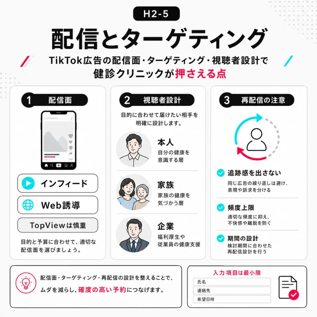 TikTok広告の配信面、視聴者設計、再配信時の注意点を健診クリニック向けに整理したイラスト