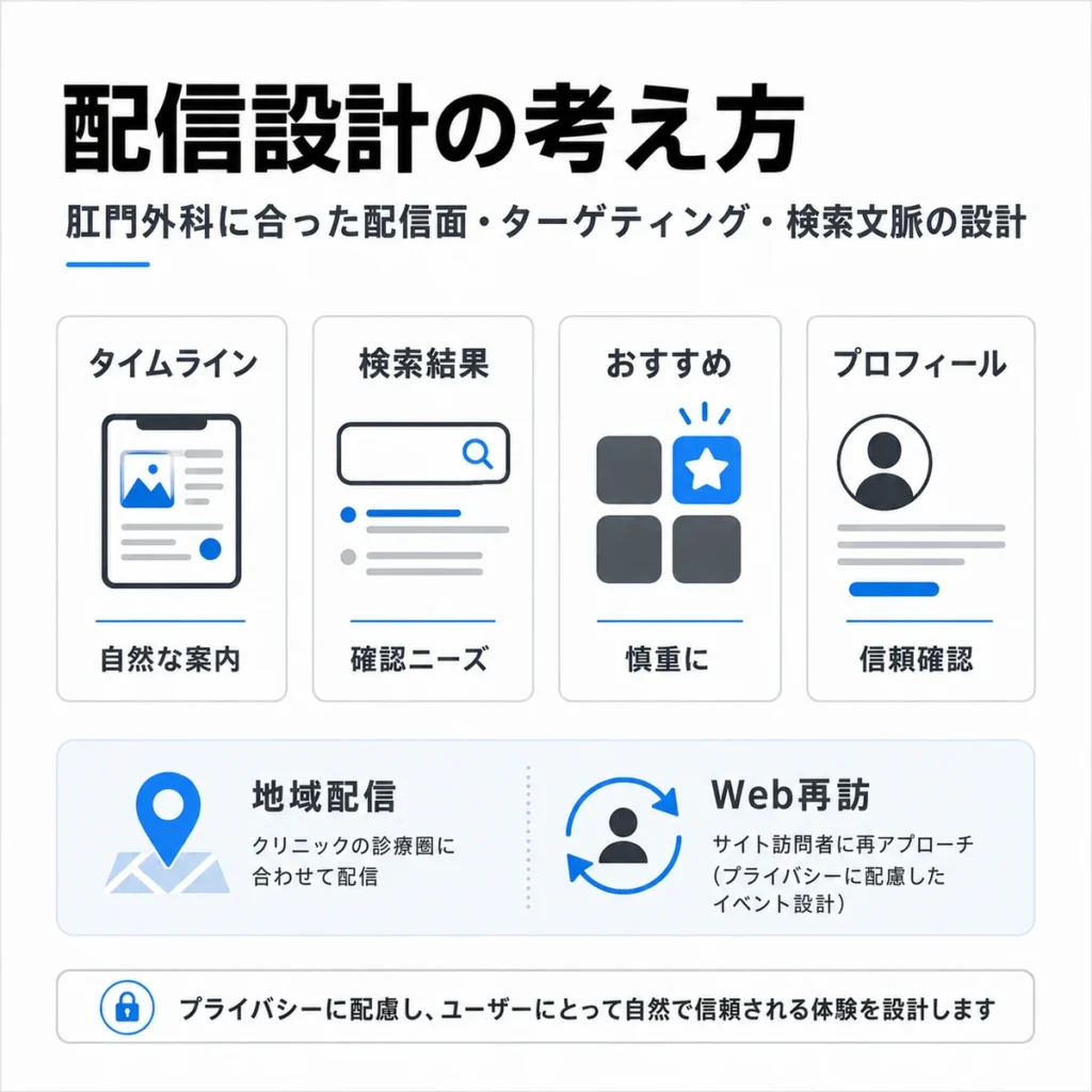 タイムラインや検索結果など肛門外科に合った配信面とターゲティング設計を示すイラスト