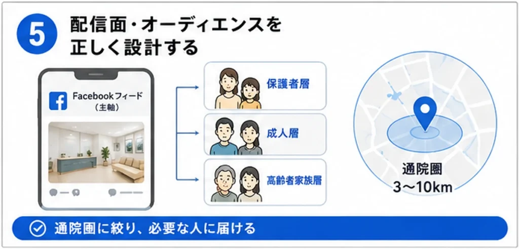 皮膚科クリニックのFacebook広告で配信面とオーディエンスを設計する考え方を示すイラスト