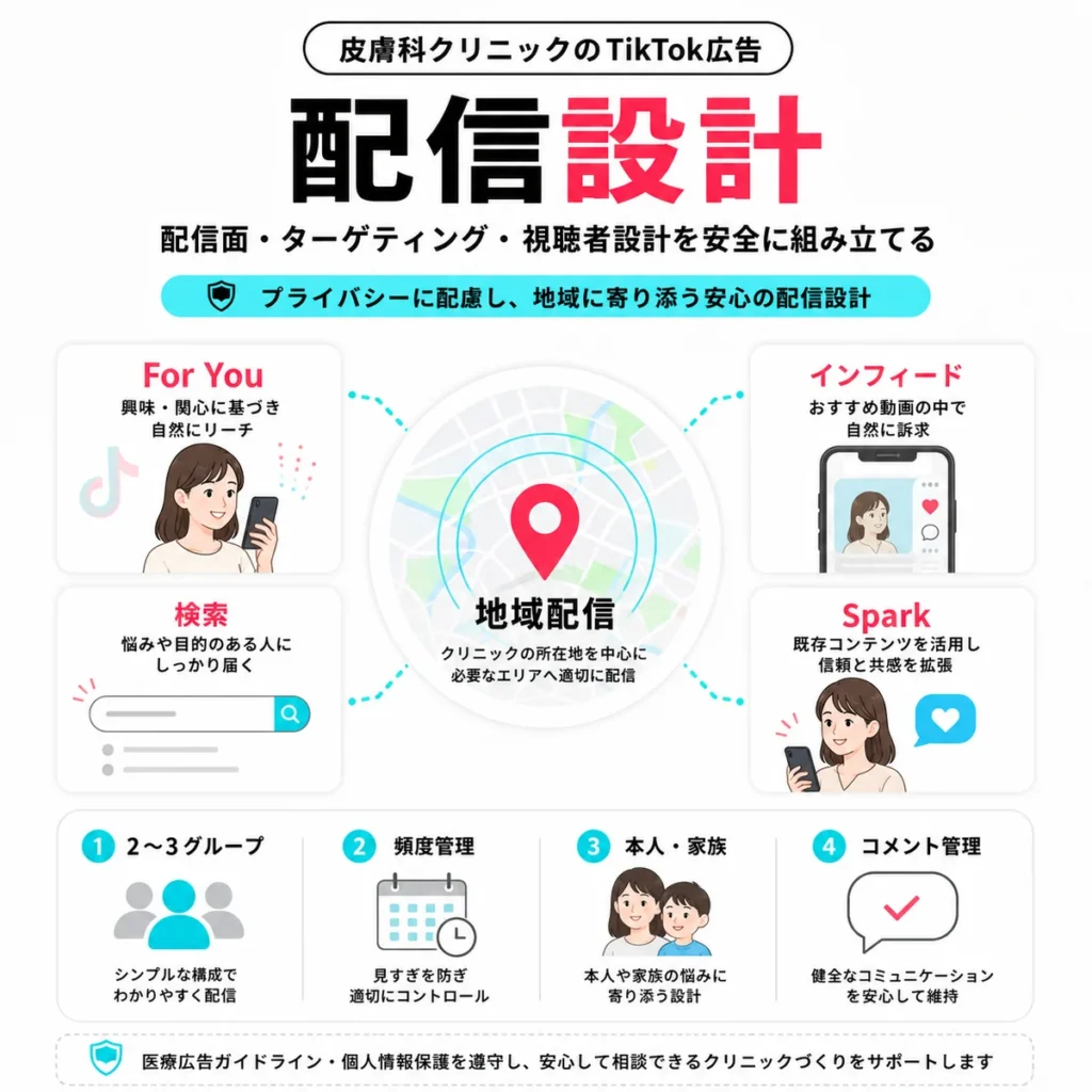 地域配信や頻度管理など皮膚科TikTok広告の安全な配信設計を示すイラスト