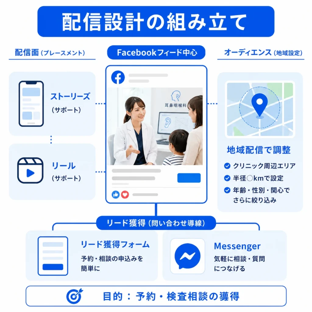 Facebookフィード中心の配信面、地域配信、リード獲得導線を組み立てる方法を示すイラスト