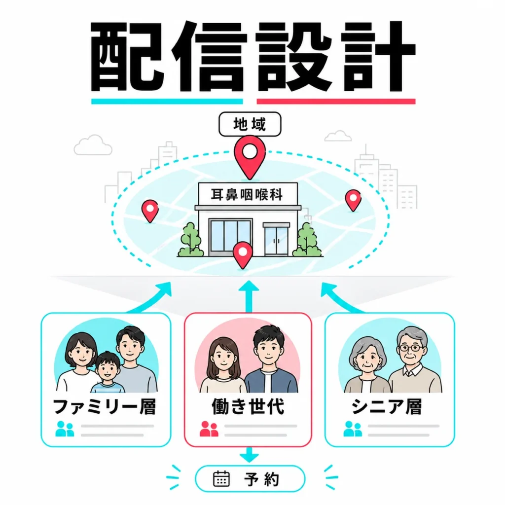耳鼻咽喉科TikTok広告の地域配信とターゲティング設計を分かりやすく示すイラスト