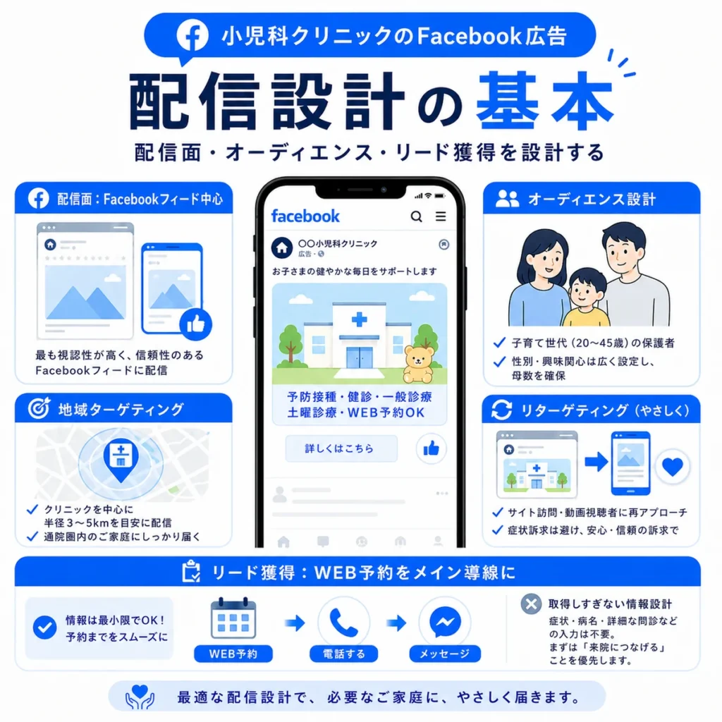 小児科Facebook広告の配信面やオーディエンス設計とWeb予約導線を示すイラスト