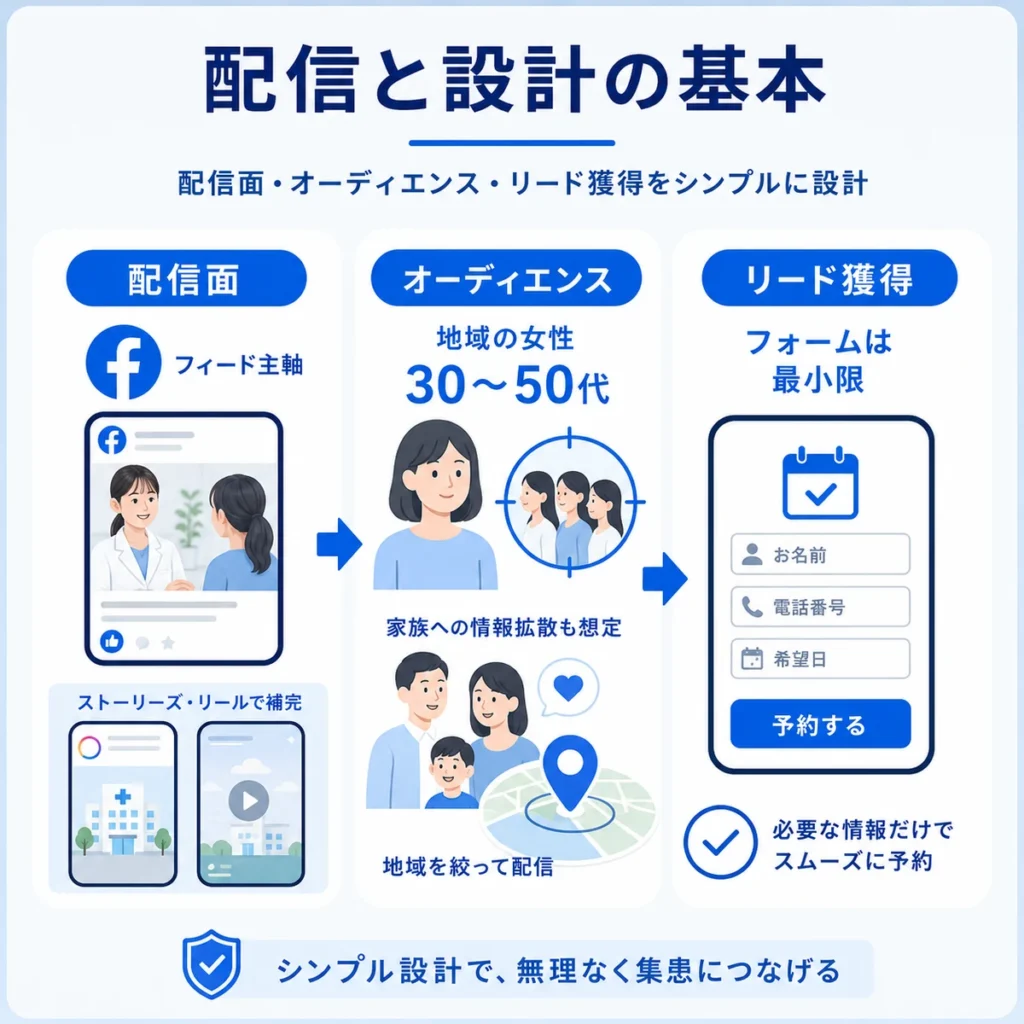 Facebook広告の配信面、オーディエンス、リード獲得フォームの設計を整理したイラスト