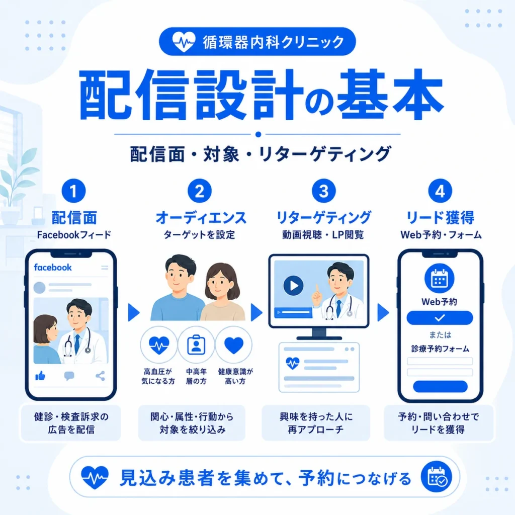 循環器内科に合うFacebook配信面やオーディエンス設定からリード獲得までの設計を示すイラスト
