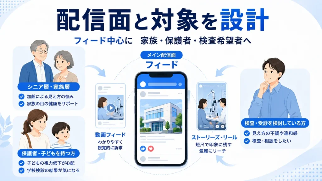 Facebook広告の配信面と対象者を分けて眼科の検査希望者や家族へ届ける設計図