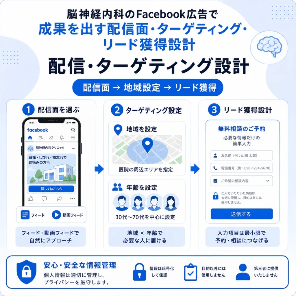 Facebook広告の配信面や地域ターゲティングとリード獲得設計を説明するイラスト