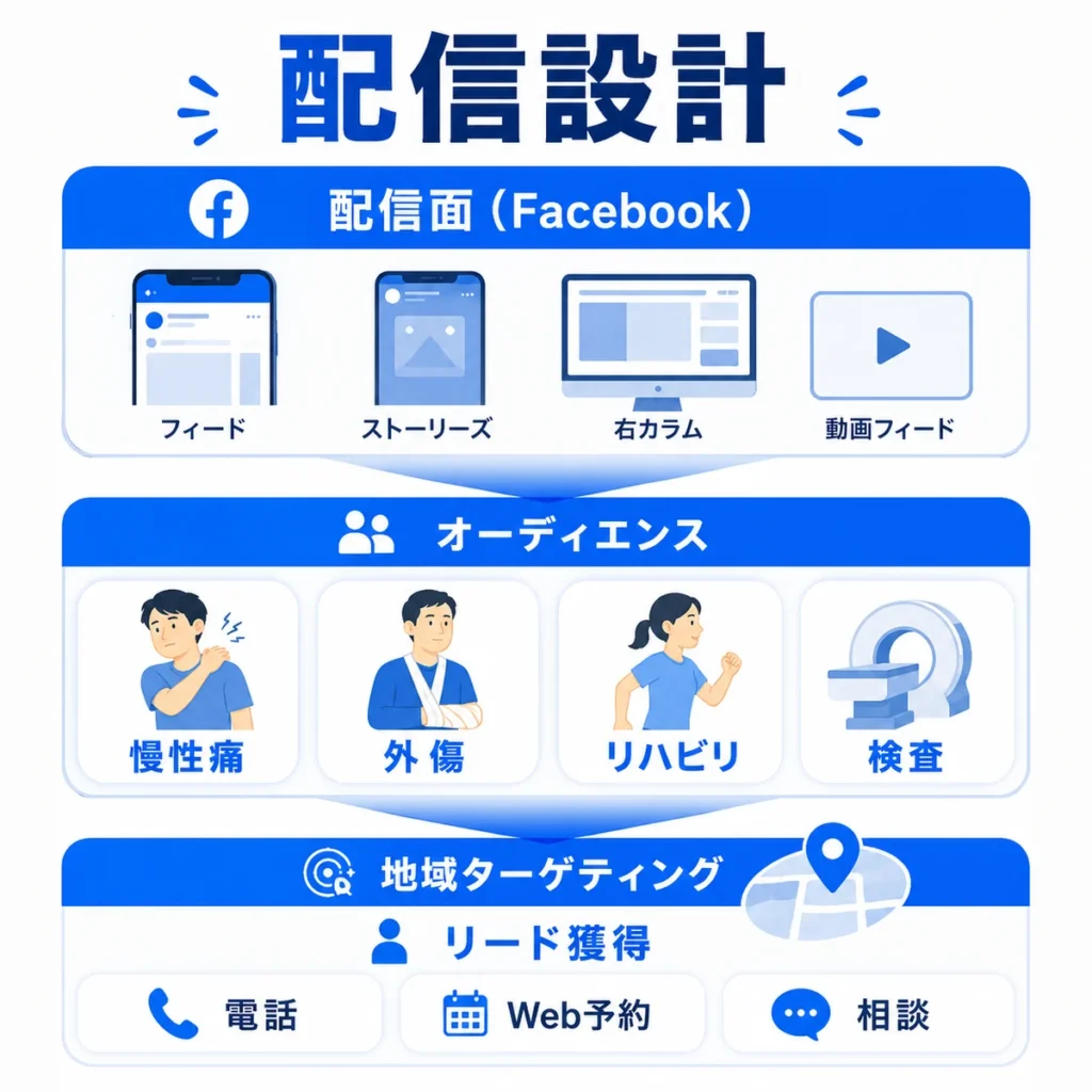 Facebook広告の配信面とオーディエンスとリード獲得導線を整理した整形外科向け配信設計のイラスト