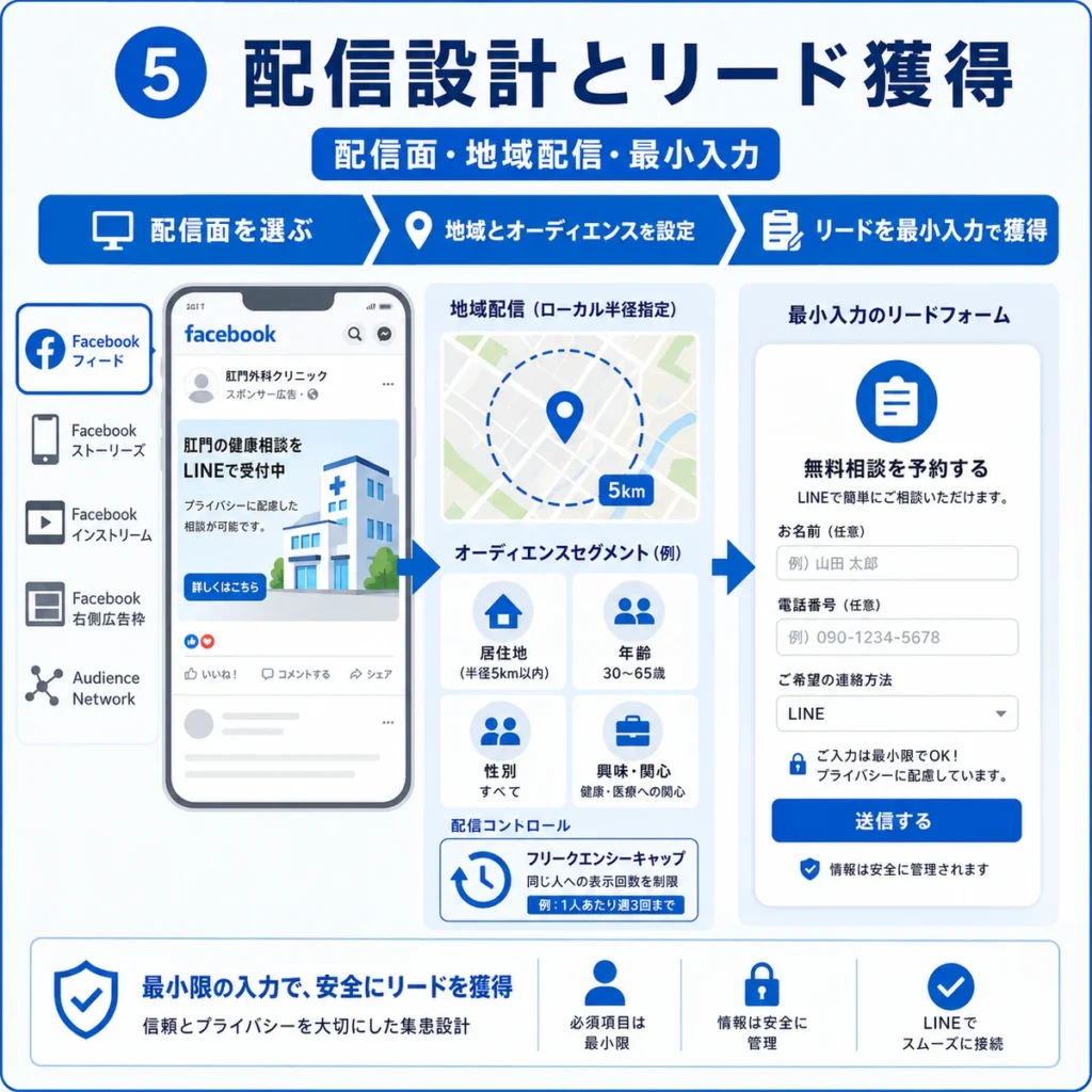 肛門外科クリニックのFacebook配信面と地域配信、最小入力のリード獲得設計を示すイラスト
