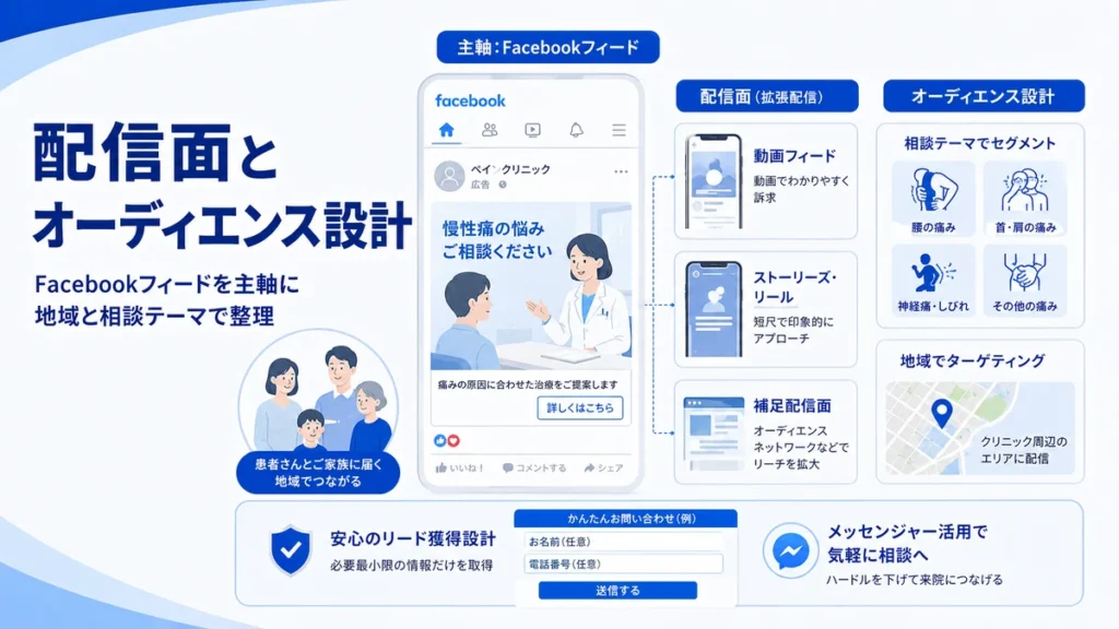 Facebookフィードを軸に配信面とオーディエンスを設計する考え方を示すイラスト