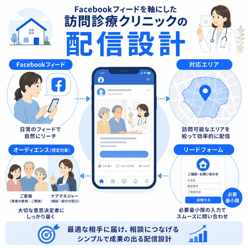 Facebookフィードを軸に対応エリアやリードフォームを設計する訪問診療広告の配信設計イラスト