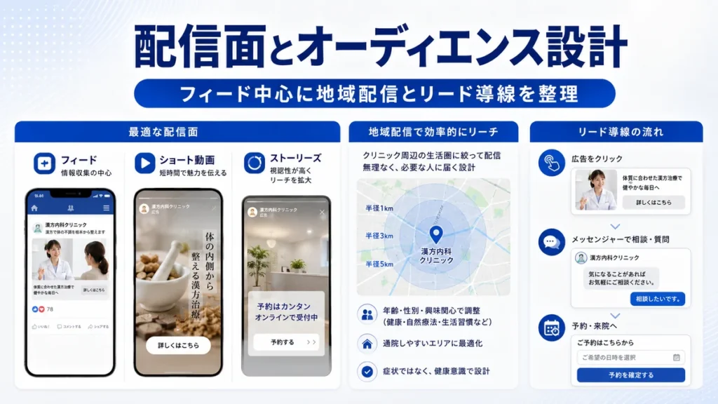 Facebook広告の配信面と地域配信、リード導線を整理した漢方内科向けオーディエンス設計のイラスト
