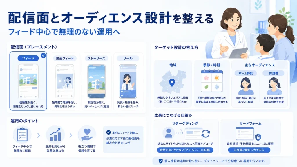Facebook広告の配信面と地域、季節、本人や保護者向けのオーディエンス設計を示すイラスト