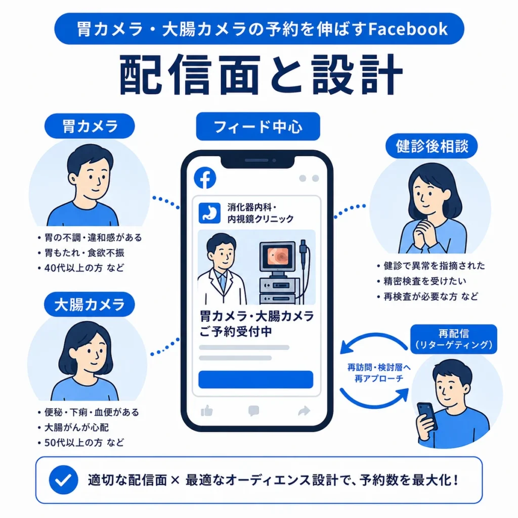 胃カメラ・大腸カメラの予約につなげるFacebook配信面とオーディエンス設計を示すイラスト